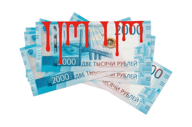 Russian rubles on a white background with blood Business companies leave Russia