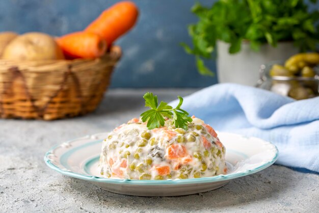 Russian salad Olivier with mayonnaise and egg served (Turkish name; Rus salatasi)