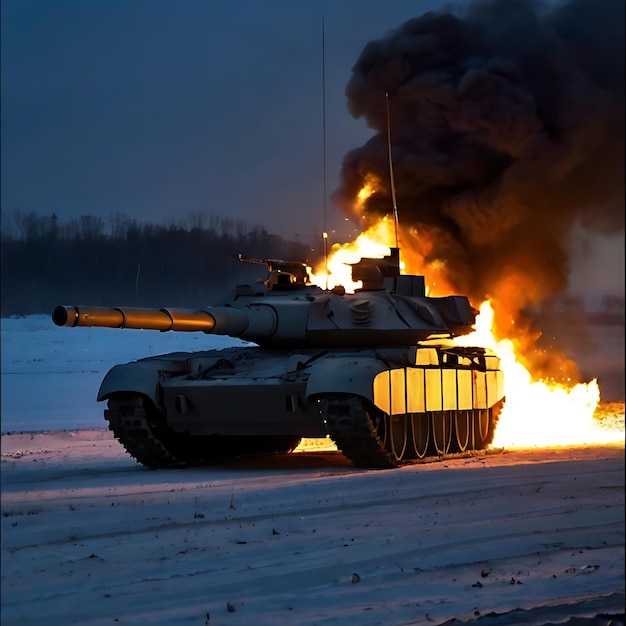 Russian T90 tanks explode and burn Winter night On a large scale genarated by AI