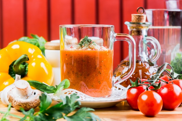 Russian tomato soup in a cup close up