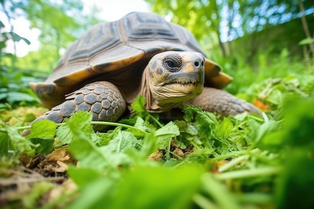 Russian tortoise feeding on leafy greens