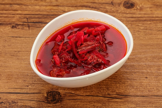 Russian traditional borsch soup with cabbage and beef