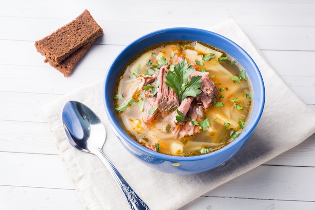 Russian traditional cabbage soup with meat and fresh herbs on a light table.