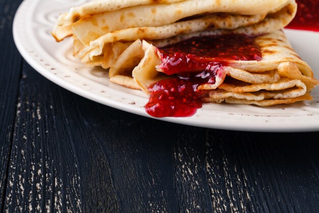 Russian traditional food. Appetizing fried pancakes during Pancake Week