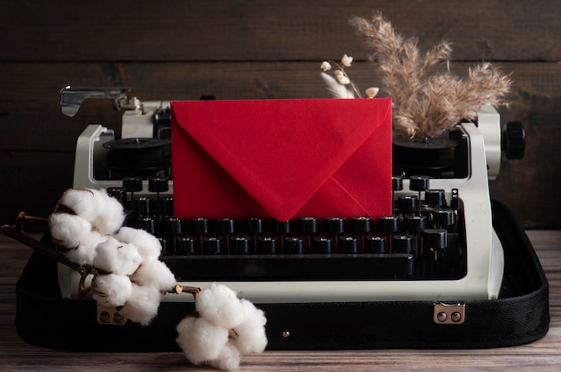 Russian Typewriter close up and dry flowers with red envelope