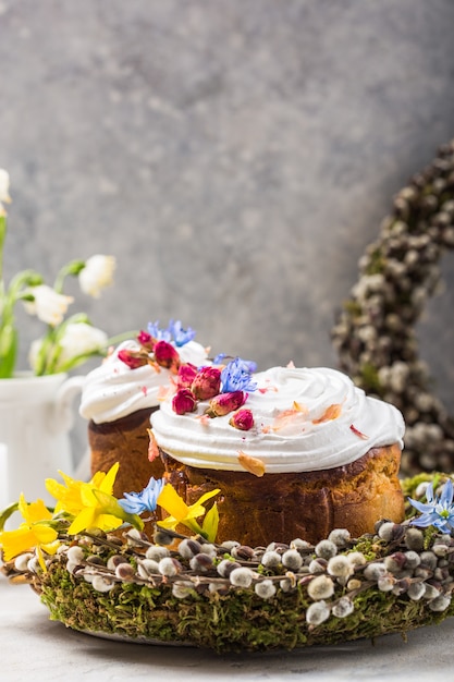 Russian and Ukrainian Traditional Kulich or Brioche on a light stone