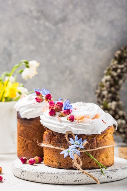 Russian and Ukrainian Traditional Kulich or Brioche on a light stone