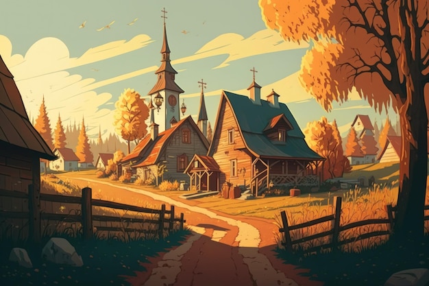 Russian village in the fall as the sun is setting