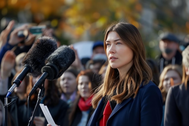 写真 ロシアの女性政治家が集会でスピーチをしている