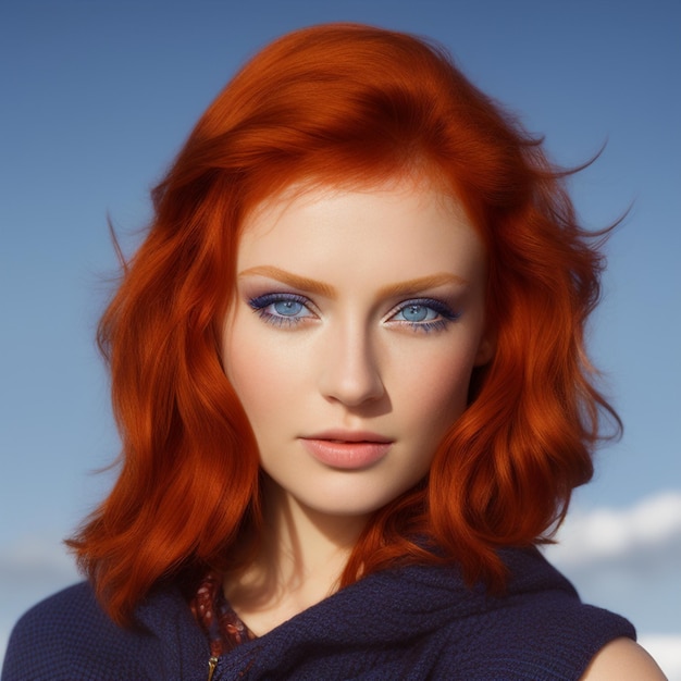 A russian woman with red hair and blue eyes stands in front of a blue sky