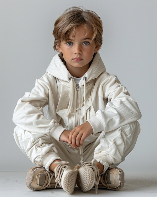 Foto un ragazzino russo su uno sfondo bianco piatto
