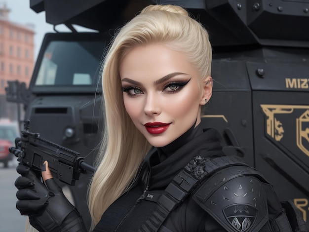 Russians blonde model black swat outfit hair