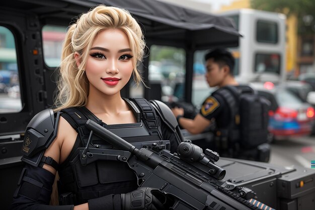 러시아인 금발 모델 검은 swat 옷과 소총을 손에