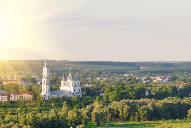 Russisch dorp met de orthodoxe kerk tussen de groene bomen zonnig