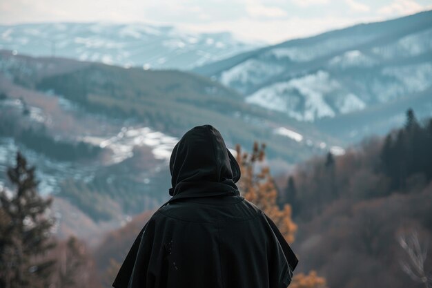 Russisch-orthodoxe monnik die in de bergen staat van zijn rug in de berg.