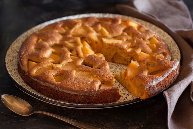 Russische appeltaart charlotte op een donkere rustieke tafel