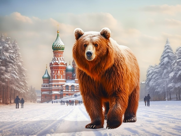 Russische beer tegen de achtergrond van het Kremlin in Moskou