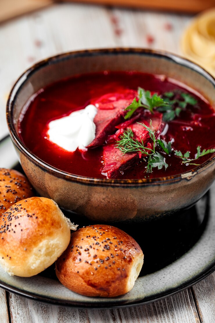 Foto russische bietensoep borscht met bieten en broodjes