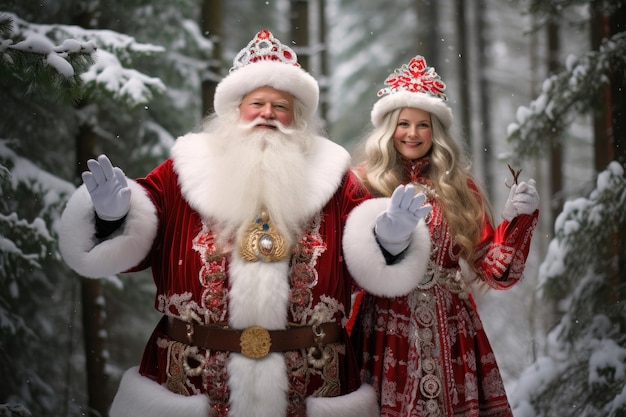 Russische Ded Moroz en Russische Sneeuwmeisje in het winterwoud