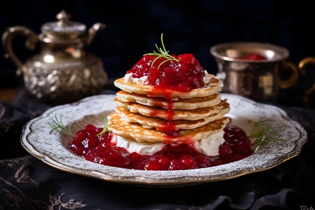 Russische Koloshevka pannenkoeken met rode bessen saus