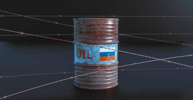 Russische olie olievat achtergrond Rusland vlag op vat met prikkeldraad sancties op Russische olie