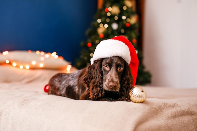 Russische spaniël in een rode kerstmuts speelt met kerstspeelgoed, gouden ballen en springt op het bed. Hond houdt gouden ballon in zijn mond.