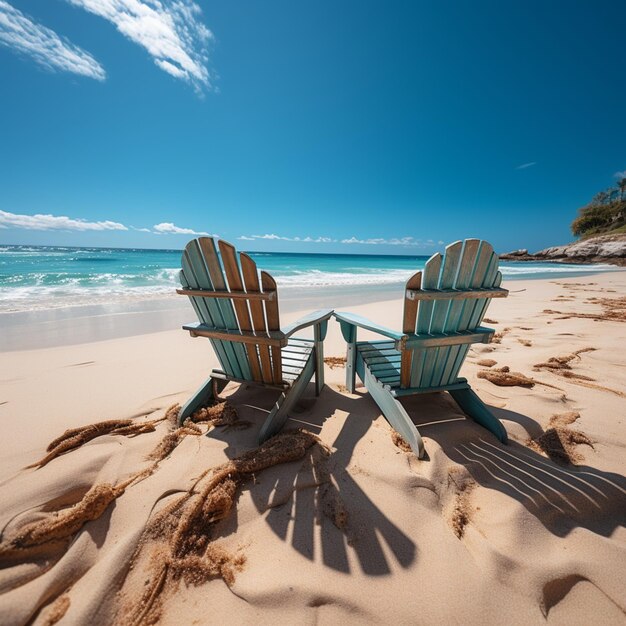 Rust aan het strand Strandstoelen op wit zand onder blauwe lucht en zonnige gloed Voor Social Media Post