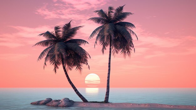 Rust aan zee Twee roze palmbomen met uitzicht op de zee