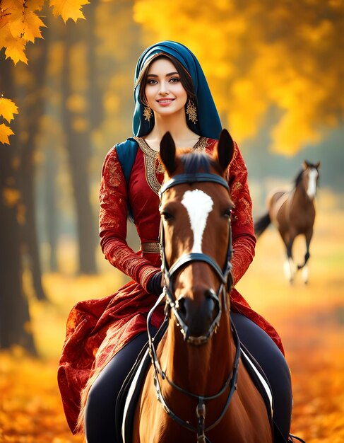 RustColored Muslim Girl Autumn Stroll with a Horse