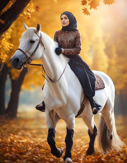 Photo rustcolored muslim girl autumn stroll with a horse