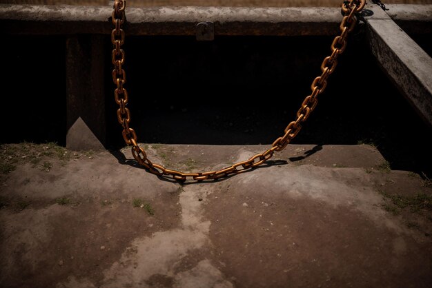 The rusted chain of a well descending into darkness