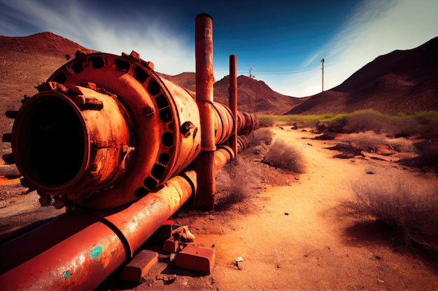 Rusted and decaying gas pipeline in desolate valley