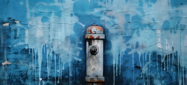 Photo a rusted fire hydrant in front of a blue wall generative ai