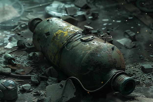 Photo rusted gas canister amidst war debris