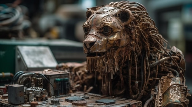 A rusted lion head sits on a table in a junkyard.