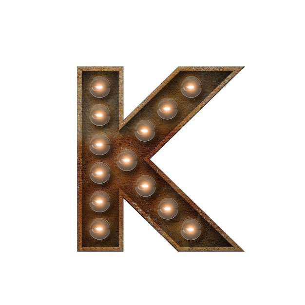 Rusted metal letter K light bulb font 3D Rendering