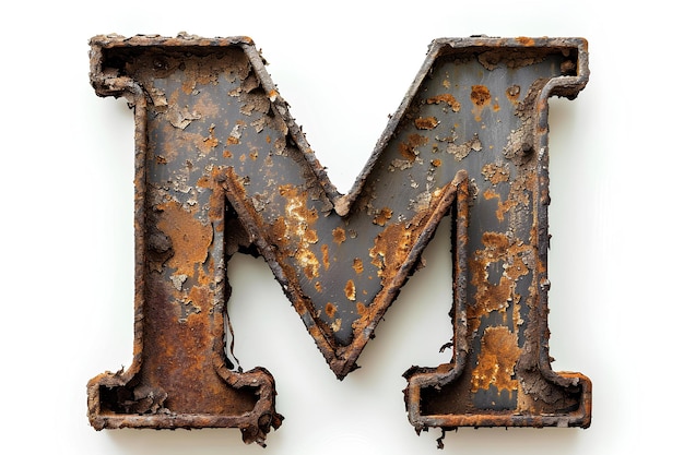 A rusted metal letter m on a white background