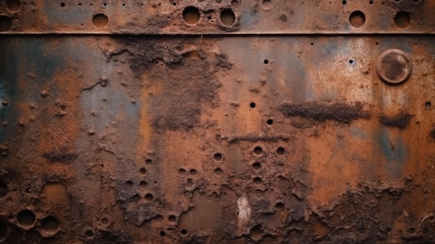 Rusted metal surface of a ship with holes in the side.