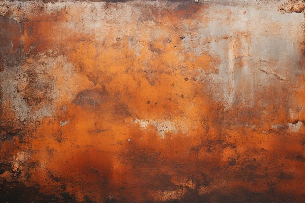 A rusted metal surface showcasing the flaky texture and a spectrum of orange hues