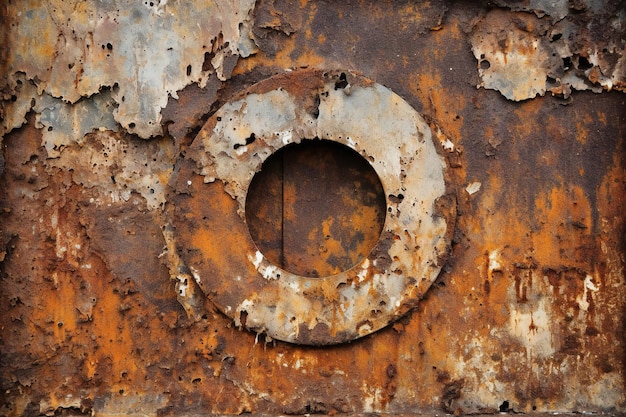 A rusted metal surface with a circle in the middle.