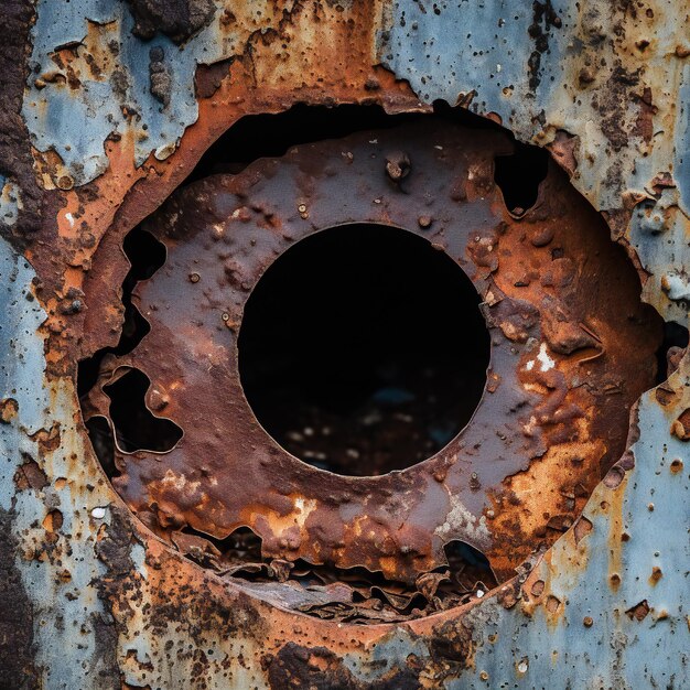 Photo rusted metal texture with a hole in it