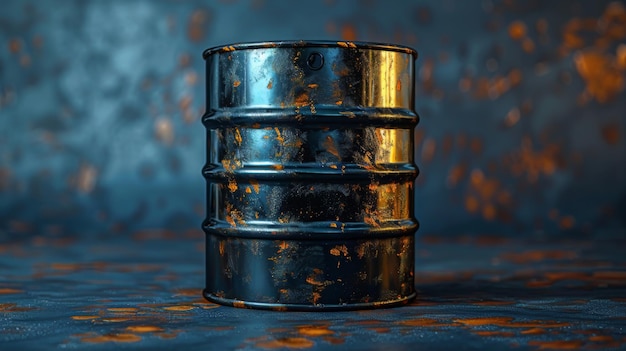 Photo rusted oil barrel on a textured blue surface