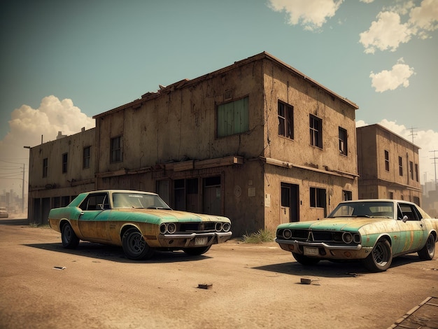 A rusted old car is parked in front of a building with a building in the background