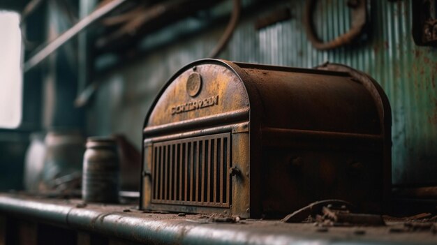 A rusted old car sits in a garage.