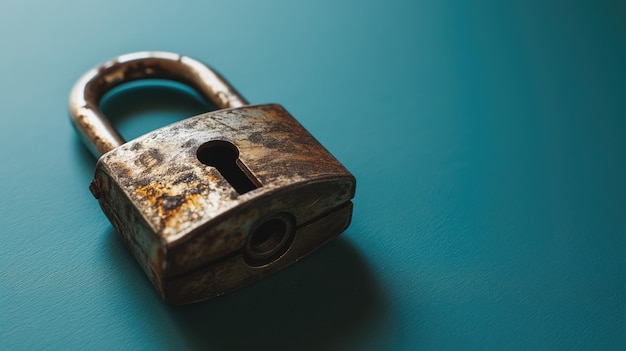 Rusted padlock on a teal background symbolizing security or secrecy