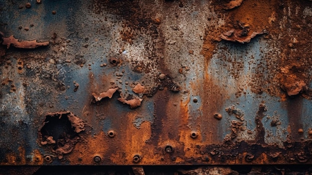 A rusted surface of a metal panel with rusted edges and rivets.