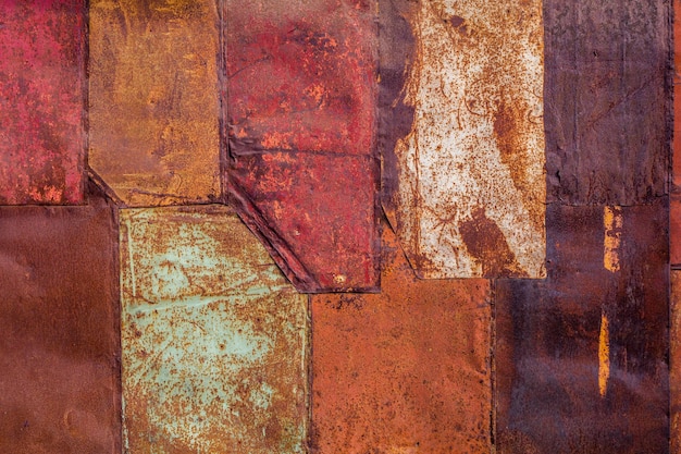 Rusted tin sheets patchwork wall texture and flat background