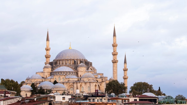 曇りの天気で塔、イスタンブール、トルコの前景に建物の屋根を持つリュステムパシャモスク