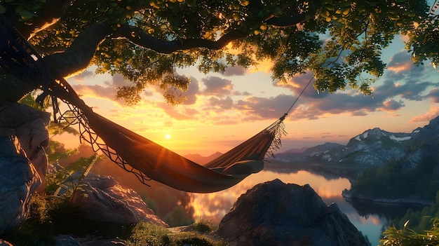 Rusten in een hangmat na zonsondergang wandelingen realistische scène Ai gegenereerd