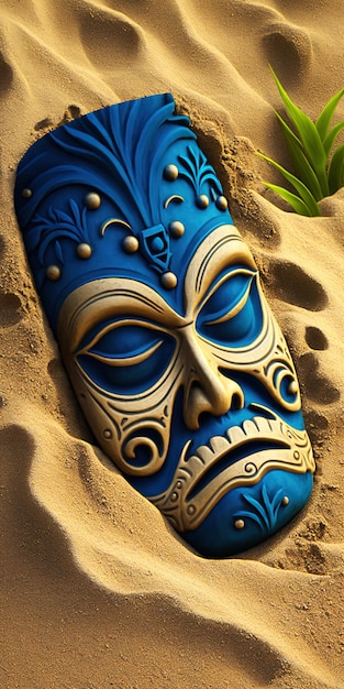 Rustend tiki gezicht op het strand blauwe etnische tiki masker